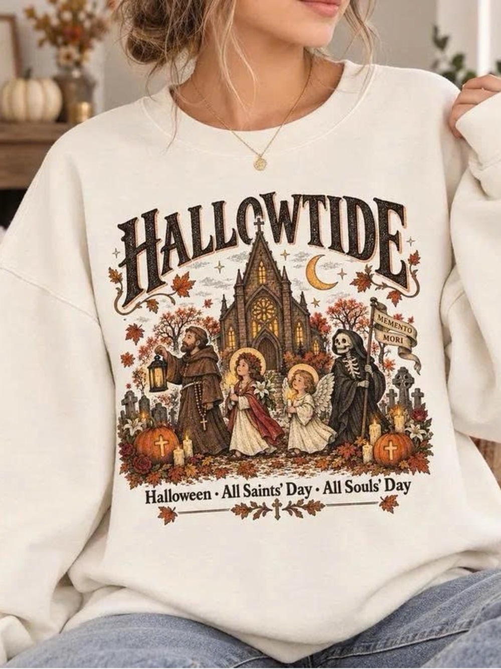 Hallowtide Cream Graphic Sweatshirt - Seasonal Holiday Pullover
